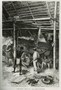Poranny atak Indian z brzegów Amazonki na chatę odkrywcy. Rycina autorstwa Riou, ilustrująca historię Cayenne aux Andes, autorstwa Julesa Crevaux, lekarza marynarki francuskiej, w latach 1878-1879, opublikowana w Tour du monde, pod kierunkiem autorstwa Edouard Riou