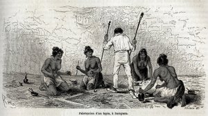 Paul Marcoy nauczył się robić dywan z wdowami z Sarayacu (Peru), rysunek autorstwa Riou, aby zilustrować podróż Paula Marcoya z Oceanu Spokojnego do Oceanu Atlantyckiego w latach 1848-1860. Grawerowanie w „” Le tour du monde””, pod redakcją przez Edouarda  autorstwa Edouard Riou