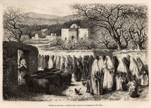 Procesja do Marabout de Tlemcen (grobowiec z kopułą mężczyzny w stylu islamu), wygrawerowany według rysunku E.Riou, ilustrującego podróż do Tlemcen (Algieria), autorstwa E. de Lorral, w 1875 r., opublikowany w „” Le tour du monde””” 1875, pod redakcją Edou autorstwa Edouard Riou