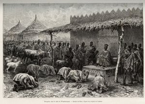 Przyjęcie w Naba Sanem, z królestwa Mossi (lub Mosse) Waghadougou (Ouagadougou, Burkina Faso). Grawerowanie autorstwa Riou, ilustrujące historię „Od Nigru do Zatoki Gwinejskiej” autorstwa kapitana Louisa Gustave