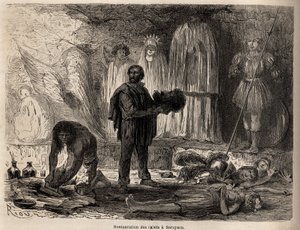 Restauracja posągów świętych w Sarayacu (Peru), rysunek Riou, ilustrujący podróż Paula Marcoya z Oceanu Spokojnego do Oceanu Atlantyckiego w latach 1848-1860. Rycina w „”Le tour du monde””, pod redakcją Edouarda Chartona autorstwa Edouard Riou