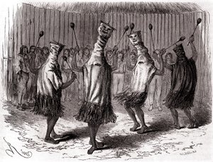 Rytualny taniec Indian Ticuna z Peru w przebraniach i maskach autorstwa Edouard Riou