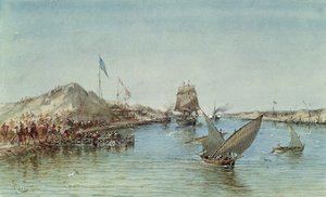 Wysyłka na Kanale Sueskim, z pamiątkowego albumu upamiętniającego podróż cesarzowej Eugenii (1826-1920) podczas inauguracji w 1869 r. (wc na papierze)