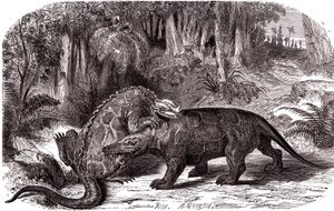 Iguanodon i megalozaur autorstwa Edouard Riou