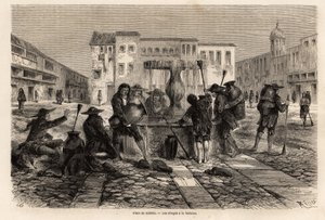 Pongo, Indianie poddani niewoli, przy fontannie, na placu Cabildo w Cuzco, rysunek Riou, aby zilustrować podróż przez Amerykę Południową od 1848 do 1860 przez Paula Marcoya. Grawerowanie w „”Le tour du monde””, pod redakcją Edouarda C autorstwa Edouard Riou