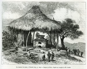 The Sugar Baking Oven, w Panche (Kolumbia), rysunek Riou, ilustrujący historię Equinoxiale America (Kolumbia, Ekwador, Peru), w latach 1875-1876, Ed. Andre, za misję podróżniczą od rządu francuskiego. Grawerowanie w Le tour du monde autorstwa Edouard Riou