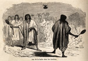 Gra w piłkę, wśród indyjskich conibos z Peru, narysowana przez Riou, aby zilustrować podróż P. Marcoya w latach 1848-1860 z Oceanu Spokojnego do Oceanu Atlantyckiego. Grawerowanie w „”Le tour du monde””, pod redakcją Edouarda Chartona autorstwa Edouard Riou