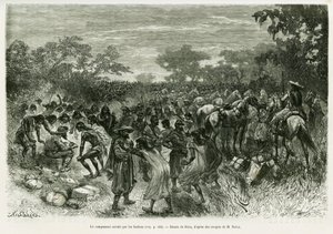 Obóz najechany przez Indian. Grawerowanie wykonane przez Riou, aby zilustrować historię Voyage dans le Chaco Boreal autorstwa Edouard Riou