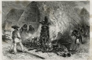 Kremacja Roucouyenne (lub wayana), plemienia żyjącego wzdłuż rzek Mana i Maroni, naprzeciw Bucher, dr Crevaux, grawerowanie autorstwa Riou, aby zilustrować podróż badawczą w głąb Gujany przez dr Jules Crevaux, doktora francuska marynarka wojenna, autorstwa Edouard Riou