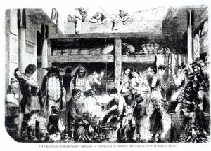 Przeddzień wypłynięcia do Ameryki - niemieccy emigranci wyruszający do USA w stoczni amerykańskiego liniowca w porcie Le Havre, ok. 1850 r. autorstwa Edouard Riou
