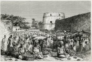Targ owocowy Zanzibaru (Tanzania). Grawerowanie wykonane przez Riou, aby zilustrować historię „Podróż do Benadir, Omalis i Bajoun””, w latach 1882-1883, autorstwa M.G.Revoil. Opublikowano w Le Tour du monde, nouveau journal des voyages autorstwa Edouard Riou