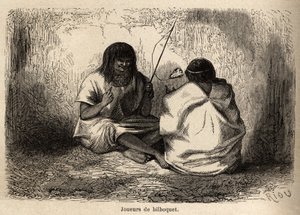 Gra w bilboquet, z głową żółwia, wśród Indian Conibos z Peru, rysowana przez Riou, aby zilustrować podróż P. Marcoya w latach 1848-1860 z Oceanu Spokojnego do Oceanu Atlantyckiego. Grawerowanie w „”Le tour du monde””, pod redakcją Edoua autorstwa Edouard Riou