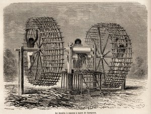 Młyn do mielenia trzciny cukrowej z Sarayacu (Peru), rysunek Riou, ilustrujący podróż Paula Marcoya z Oceanu Spokojnego do Oceanu Atlantyckiego w latach 1848-1860. Grawer w „”Le tour du monde””, pod redakcją Edouarda Chartona autorstwa Edouard Riou