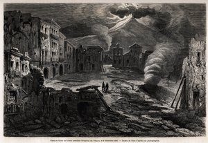 Plac Torre del Greco, podczas erupcji Vesuve, 8 grudnia 1861, rysunek Riou, ilustrujący spacery po Neapolu autorstwa Marca Monniera, w 1862. Grawer w „”Le tour du monde””, pod redakcją Edouarda Chartona autorstwa Edouard Riou