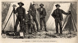 Zespół topografów ze swoim materiałem, amerykańskiej misji geologicznej, grawer według rysunku F.Riou, ilustrujący zestaw misji geograficznych przez Park Narodowy Stanów Zjednoczonych w latach 1870-1872, autorstwa panów Haydena, Doane