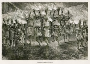Spacer z pochodniami ulicami San Jose, rysunek E.Riou, aby zilustrować podróż po regionie Titicaca i dolinach wschodniej części Dolnego Peru, w 1873 roku autorstwa Paula Marcoya. Grawerowanie w Le tour du monde autorstwa Edouard Riou