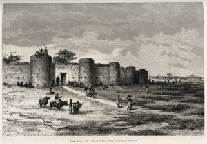 Miasto Tiong-Gi (Tiong Gi, Mali) z fortyfikacjami i glinianymi wieżami. Grawerowanie wykonane przez Riou, aby zilustrować historię „Od Nigru do Zatoki Gwinejskiej” autorstwa kapitana Louisa Gustave