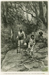 Podróżnik rozmieszczający trójkolorową flagę do źródeł Orenoque. Grawerowanie wykonane przez Riou, aby zilustrować historię Voyage aux sources de l
