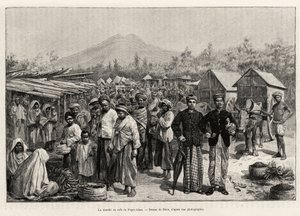 Spacer w Pager Alam Cafe (Malezja). Grawerowanie autorstwa Riou ilustrujące historię „rok w Malezji” autorstwa Jules Claine (1856-1939) autorstwa Edouard Riou