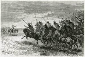 Indianie Tobas (z regionu Chaco, między Paragwajem a Boliwią) odmawiający przejścia do kolumny ekspedycji Thouara. Grawerowanie wykonane przez Riou, aby zilustrować historię „W poszukiwaniu pozostałości misji Crevaux””, w 1884 r., A. Thouar (1853- disapp autorstwa Edouard Riou