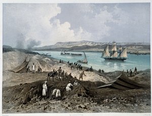 Widok na kanał w „”Inauguracja Kanału Sueskiego przez G. Nicole. 1869 autorstwa Edouard Riou