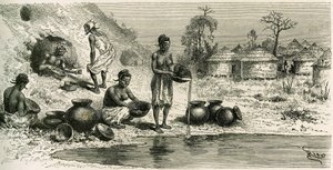 Kobiety w wiosce Koumakhana myją złoto, w tle mężczyźni szukają złota w podziemnych galeriach. Grawerowanie wykonane przez Riou, aby zilustrować historię „Exploration du Haut-Niger (Haut-Niger)” (dzisiejsze Mali) przez dowódcę Josepha Gallieniego (1849-191 autorstwa Edouard Riou