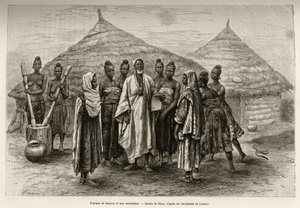Kobiety z Samory Toure (ok. 1835-1898) dowódczyni wojenna pętli Nigru i ich przełożony Sonninke, który umie czytać i pisać po arabsku, o czym świadczy papier, który trzyma w ręku. Grawer autorstwa Riou, ilustrujący historię „Od Nigru do Zatoki” autorstwa Edouard Riou