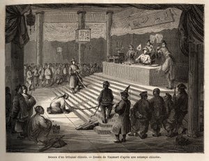 Na dworze chińskim oskarżony pojawia się na dworze w otoczeniu żandarma, który trzyma go w kajdanach i jego rzeźnika, rysunek Vaumorta (? -1886), aby zilustrować podróż z Szanghaju do Moskwy w latach 1859-1862 pana de Bourboulon , francuski minister do Ch