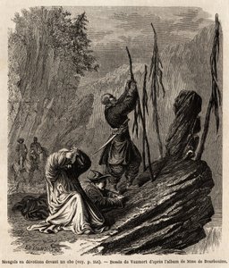 Mongołowie w oddaniu obo, w pobliżu gór Bakka i Mongolia, rysunek Vaumorta (?-1886) ilustrujący podróż z Szanghaju do Moskwy, w latach 1859-1862, pana de Bourboulon, francuskiego ministra do Chin. Grawerowanie w „”Le tour du monde””, edytuj
