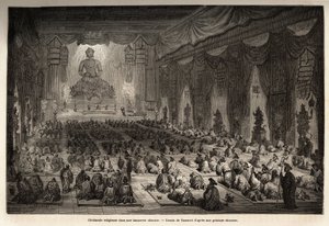 Ceremonia religijna w chińskiej lamasserie, rysunek Vaumorta (? -1886), ilustrujący podróż z Szanghaju do Moskwy w latach 1859-1862 pana de Bourboulon, francuskiego ministra do Chin. Grawerowanie w „”Le tour du monde””, pod redakcją Edouarda Chartona