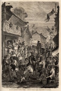 Ulica handlarzy odzieżą, Kalgan, Mongolia. Rysunek autorstwa Vaumorta (? -1886), ilustrujący podróż z Szanghaju do Moskwy w latach 1859-1862 pana de Bourboulon, francuskiego ministra do Chin. Grawerowanie w „Le tour du monde””, pod redakcją Edouarda Chart