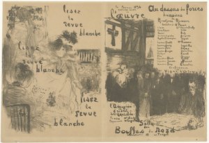 Okładka broszury programowej z reklamą La Revue Blanche i zapowiedzią sztuki Au-dessus des force humaines Lisez la revue blanche Au-dessus des force humaines autorstwa Edouard Vuillard