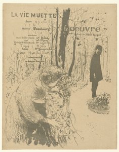 Okładka broszury programowej z kobietą z dwójką dzieci i mężczyzną w parku do zabawy La vie muette z listą ról i aktorów La vie muette autorstwa Edouard Vuillard