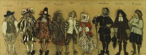 Studium kostiumów dla dziewięciu aktorów w „La Coupe Enchantee” dla Jeana de la Fountaine; Studia kostiumowe dla dziewięciu postaci zaczarowanego kielicha autorstwa Jean de la Fontaine, 1918 autorstwa Edouard Vuillard