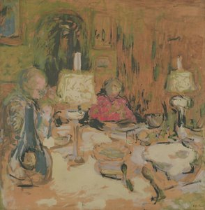 Kolacja z dwiema lampami, rue de Calais, 1913 (tempera na brązowym papierze) autorstwa Edouard Vuillard