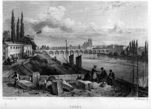 Widok na miasto Tour, Indre-et-Loire (Indre et Loire), Centrum, Francja. Grawerowanie Willmanna w „Antycznej i współczesnej Francji” Jean-Bernard Mary-Lafon (Jean Bernard Mary Lafon)
