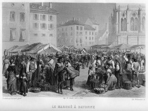 Marche w Bayonne, Pyrenees-Atlantiques (Pyrenees Atlantiques), Akwitania, Francja. Grawerowanie Willmanna w „Antycznej i współczesnej Francji” Jean-Bernard Mary-Lafon (Jean Bernard Mary Lafon)
