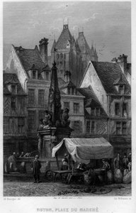 Place du Marche w miejscowości Noyon, Oise, Pikardia, Francja. Grawerowanie Willmanna w „Antycznej i współczesnej Francji” Jean-Bernard Mary-Lafon (Jean Bernard Mary Lafon)