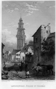 Widok Landerneau i Kościół św. Tomasza, Finistere, Bretania, Francja. Grawerowanie Willmanna w „Antycznej i współczesnej Francji” Jean-Bernard Mary-Lafon (Jean Bernard Mary Lafon)
