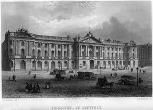 Widok na stolicę miasta Toulouse, Haute-Garonne (Haute Garonne), Midi-Pyrenees (Midi Pyrenees), Francja. Grawerowanie Willmanna w „Antycznej i współczesnej Francji” Jean-Bernard Mary-Lafon (Jean Bernard Mary Lafon)