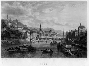 Widok na miasto Lyon, departament Rodan, region Rodan-Alpy, Francja. Grawer Willmanna w „La France ancienne et moderne” Jean-Bernard Mary-Lafon (Jean Bernard Mary Lafon)