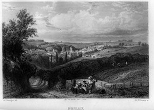 Widok na miasto Morlaix, Finistere, Bretania, Francja. Grawerowanie Willmanna w „Antycznej i współczesnej Francji” Jean-Bernard Mary-Lafon (Jean Bernard Mary Lafon)