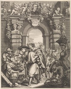 Dwóch panów kupuje grzyby na targu Ilustracja tytułowa dla: F. van Sterbeeck, Theatrum Fungorum oft het tooneel der Campernoelien, 1675 autorstwa Edouard van Ordonie