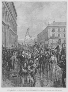 Aklamacja do Ferdynanda II, który przysięga Konstytucję, 24 lutego 1848 (rycina) autorstwa Edouardo Matania