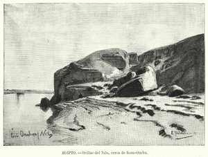 Brzegi Nilu w pobliżu Kom Ombo, Egipt (lito) autorstwa Eduard (after) Hildebrandt