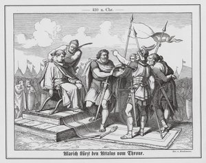 Alaryk I detronizujący rzymskiego cesarza Attalosa, 410 r. (rycina)