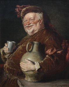 Falstaff z kuflem wina i blaszanym kubkiem, 1910 autorstwa Eduard Gruetzner von