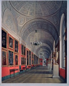 Nowy Ermitaż, Galeria Romanowów, Strona północna (Nowy Ermitaż, Galeria Romanowów, Strona północna). Praca Eduarda (Edouarda) Hau (1807-1887), akwarela na papierze 1864. Sztuka rosyjska XIX w. Państwowy Ermitaż w Sankt Petersburgu. autorstwa Eduard Hau
