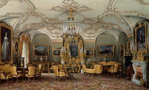 Widok na Salon Aleksandry Fiodorowny (Fiodorowna lub Fiodorowna lub Charlotta Pruska (1798-1860)), żony cara Mikołaja I w Pałacu Gatczyna. Akwarela przypisywana Eduardowi (Edouardowi) Hau (1807-1870) XIX w. Sankt Petersburg, Ermitaż
