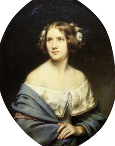 Portret Jenny Lind, stojącej do połowy długości w białej sukni i jasnoniebieskim szalu,